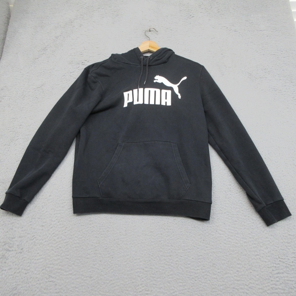 Puma Hoodie Men M Black Pullover Fleece Big Logo Kangaroo Pocket Athletic Street